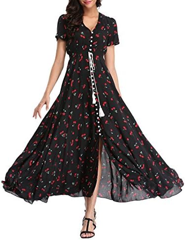 VOGMATE Women's Long Split Button Up Summer Maxi Dress Floral Beachwear Holidy Dress High Waist with Short Sleeves