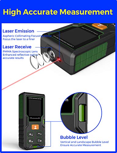 Laser Measure, EURPMASK Laser Measure 164Ft M/In/Ft Mute Laser Distance Meter with 2 Bubble Levels, Backlit LCD and Pythagorean, Measure Distance, Area and Volume - Carry Bag and Battery Included