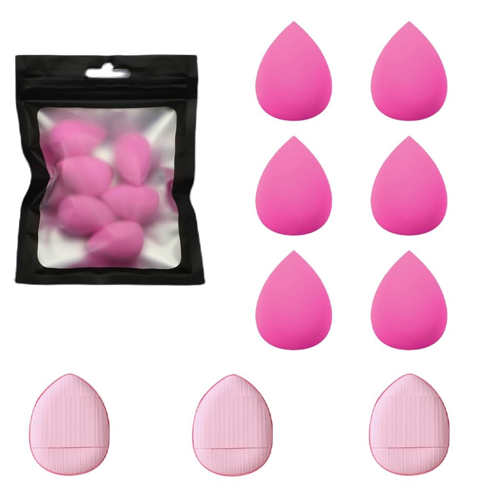 9 PCS Mini Makeup Sponge Pink Beauty Blenders Set Soft Sponges Powder Puff with Finger Holder Strap for Liquid Foundation Powder Sunscreen Concealer Cosmetic Wet Dry Tool