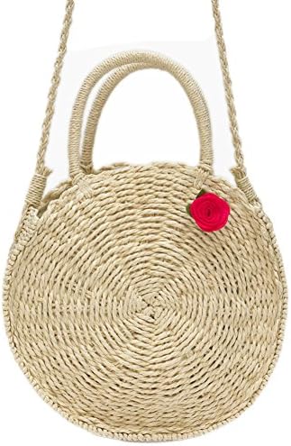 DSAKGTE Round Straw Bag Rattan Woven Purse Womens Crossbody Beach Bag Handbags (Beige)