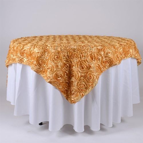 Feuzy 85 inch x 85 inch Square Rosette Satin Tablecloth Overlay For Birthday Wedding Party Decor (Gold)