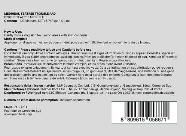 Mediheal Teatree Trouble Facial Toner Pads with Tea Tree & Lactobacillus - Calming & Soothing for Sensitive & Acne Prone Skin - Vegan Face Gauze, 100 Pads