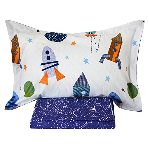 Brandream Kids Boys Bedding Space Galaxy Bed Sheet Set Toddler Bed Sheets Deep Pockets Set Cute Cartoon Children Bedding Sets 100% Cotton Full Size