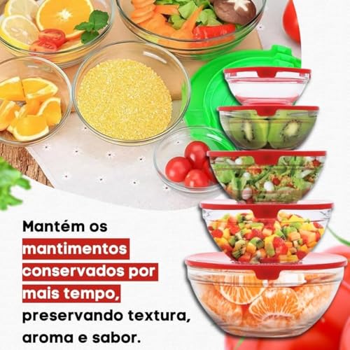 Kit Conjunto 5 Potes de Vidro Organizadores de Cozinha Tigelas de Vidro Armazenar Alimentos Saladas Frutas e Marmitas Tampa à Prova de Vazamentos Premium - Cores Sortidas