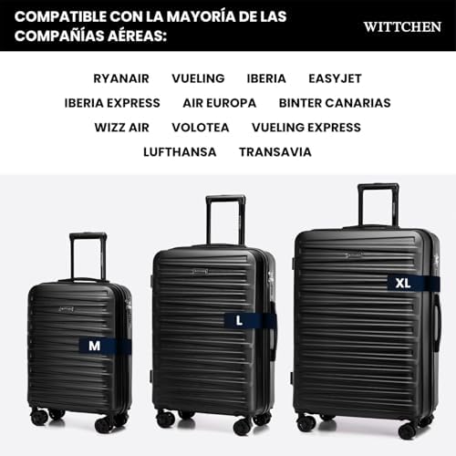 Skyspeed Line Mala de Viagem Conjunto de 3 Malas Carrinho Rodante de Malas em ABS Rígido Fechadura combinada, Pega Telescópica 4 Rodas Pretas Ryanair/Vueling/Iberia
