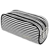 JEMIA Dual Compartments Collection 2 Independent Zipper Chambers with Mesh Pockets Pencil Case (Black White Stripes, Canvas)