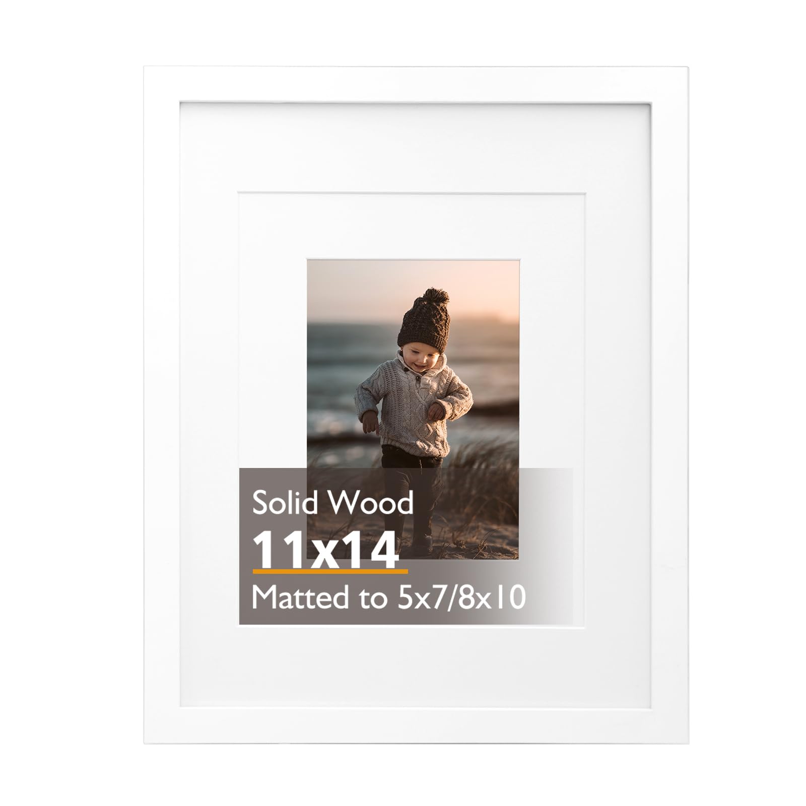 KINLINK 14x11 Picture Frame White, Wood Frames with Acrylic Plexiglass for Picture 7x5/10x8 with Mat or 14x11 without Mat, Tabletop and Wall Mounting Display