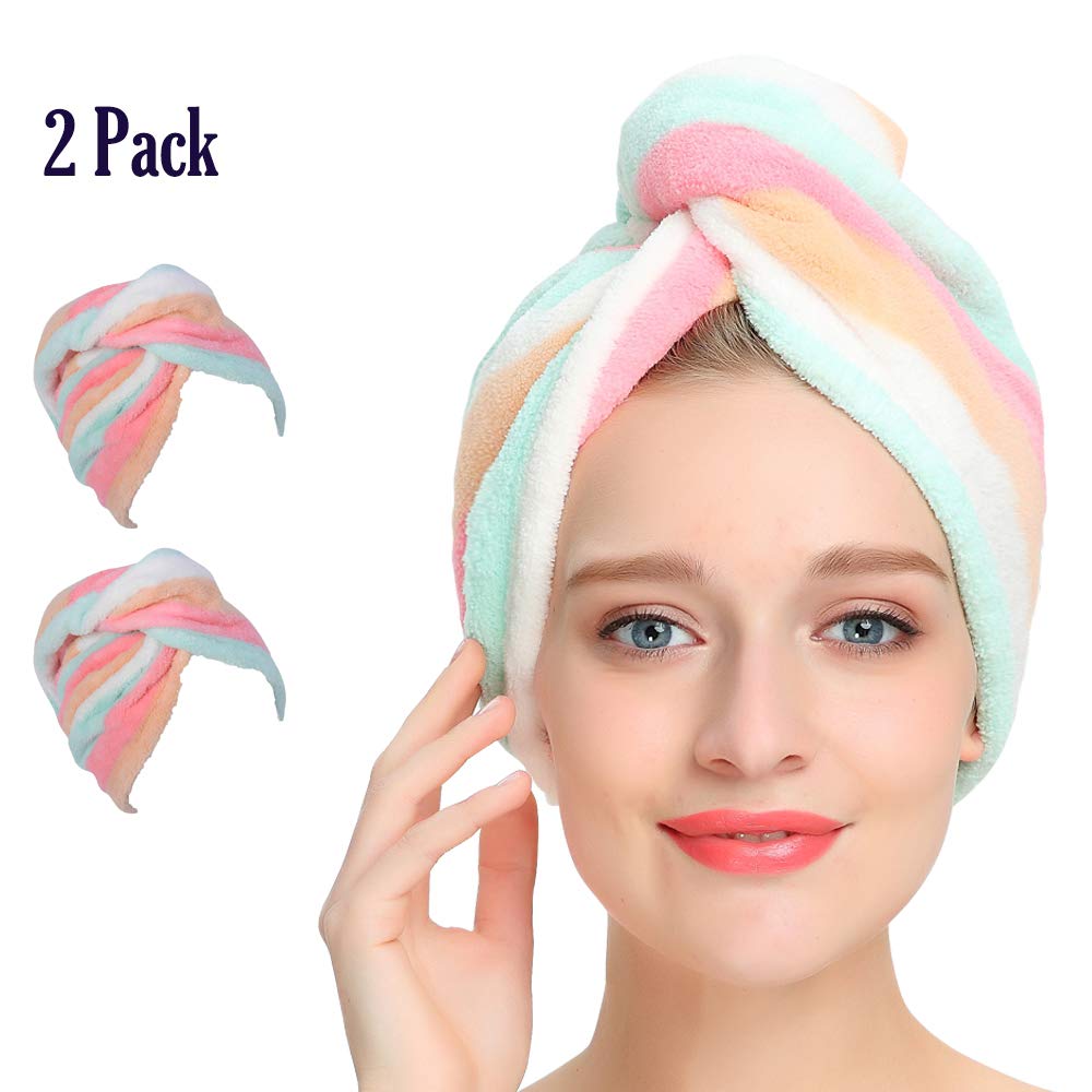 AuroTrends Microfiber Hair Towel Wrap 2 Pack, Quick Dry Hair Drying Towel Super Absorbent Hair Wrap Set of 2-2020 Updated Version (Rainbow) : Beauty