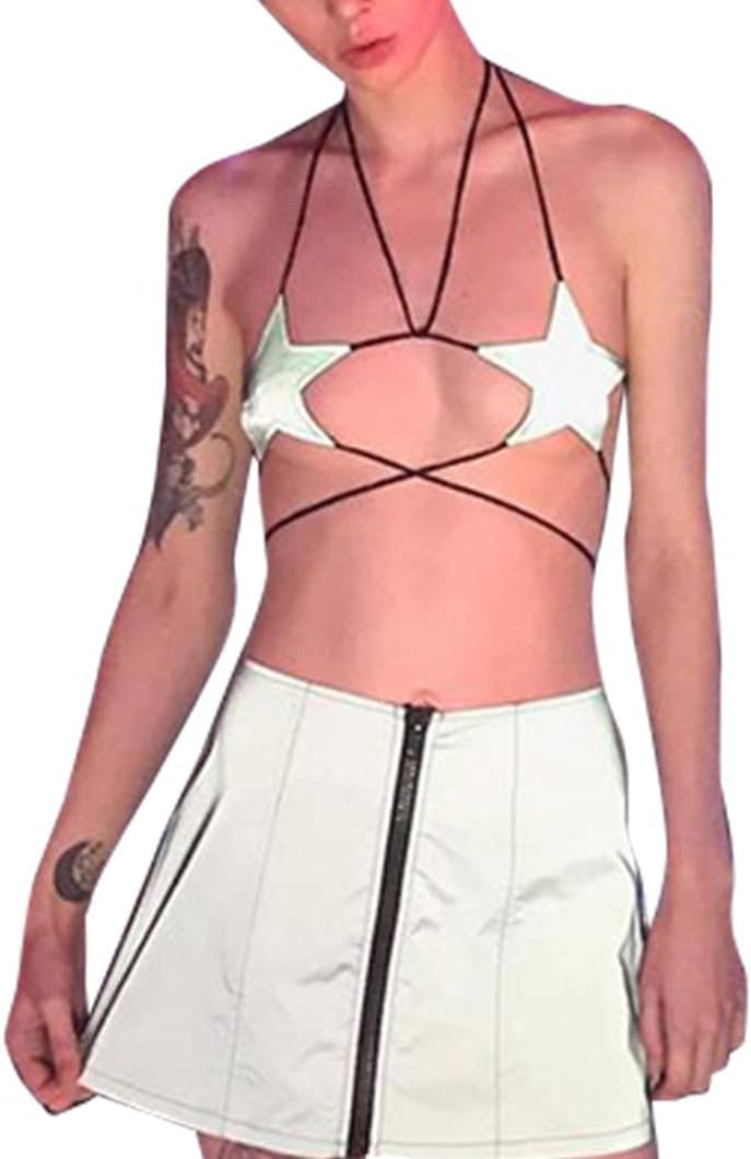 Women Shiny Metallic Star Strappy Tube Top Halter Rave Wrap Around Bandeau Bra