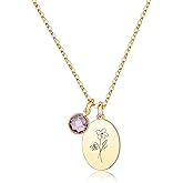 JRLCTECH Birth Flower Necklaces for Women, 18K Gold Plated Dainty Birthstone Pendant Necklaces Trendy Handmade Oval Coin Birth Month Flower Jewelry Birthday Gifts for Women Girls Teens