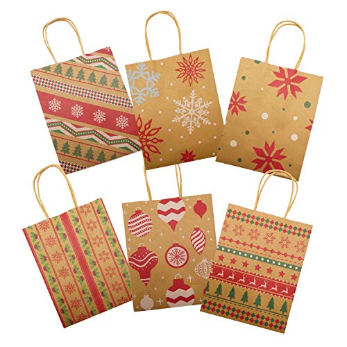 Kiddokids 24 Christmas Kraft Gift Bags + 24 Tissue Papers (Green & Red); Xmas Theme Party Favors Goody Bags.