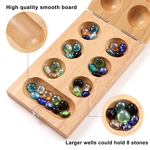 Ceebyfa Mancala Board Game for Kids, Adults & Family. Includes Folding Rubber Wood Board, 48+10