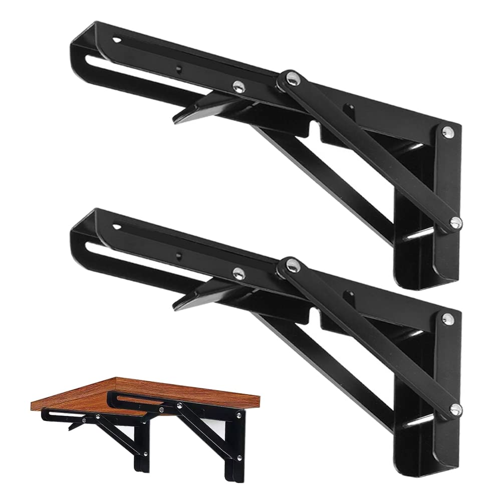 CEEYSEE 2 Pcs Folding Shelf Brackets 12 Inch Heavy Duty Metal DIY Triangle Wall Mount Collapsible Shelf Bracket for Tables Benches Shelves Space Saving (Black 12 Inch)
