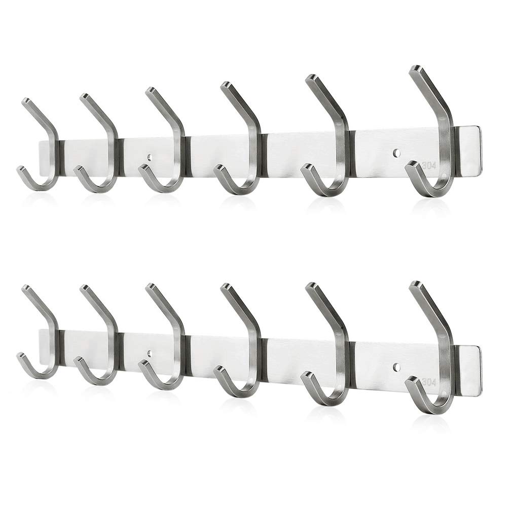 Dripex Coat Hook Rack Wall Mounted 304 Stainless Steel Hanger Heavy Duty Clothes Hat Holder (6 Hooks - 2 Pack)