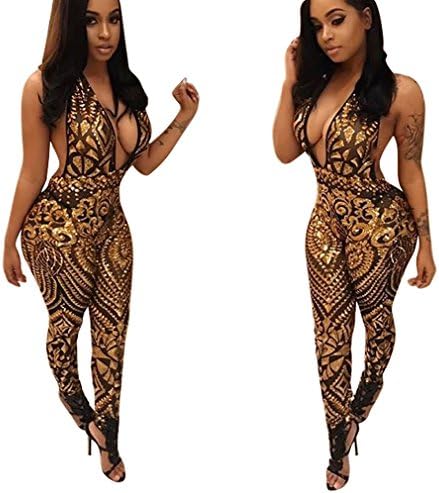 Wowowdress Women's Sexy Sequin Mesh Deep V-neck Halter One Piece Jumpsuit Romper