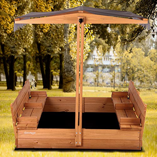 Kids Wooden Outdoor Sandbox w/Canopy, 2 Foldable Bench Seats