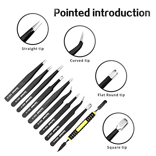 Gocheer Precision Tweezers Set, ElleSye 10 PCS ESD Tweezer Set, Anti-Static Stainless Steel Tweezers Set with crowbar repair tool kit for electronics, jewelry making, industrial and precision work, - Thumbnail 4