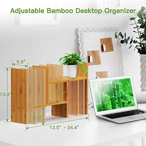 Pipishell Bamboo Desktop Shelf Organizer, Adjustable Shelves Storage