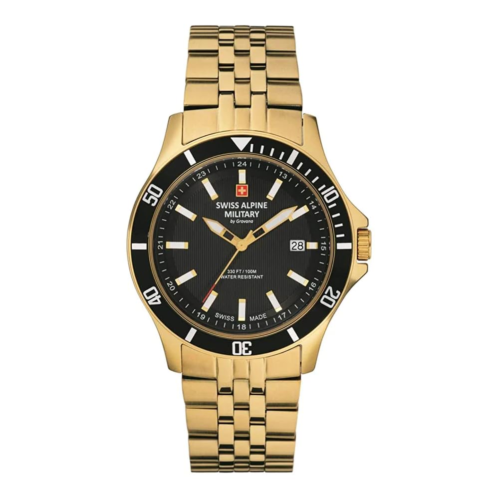 Swiss Alpine Military Men's Watch, Analogue Quartz 7022.1 Stainless Steel, Gold/Gold/Black - 1117sam, Bracelet
