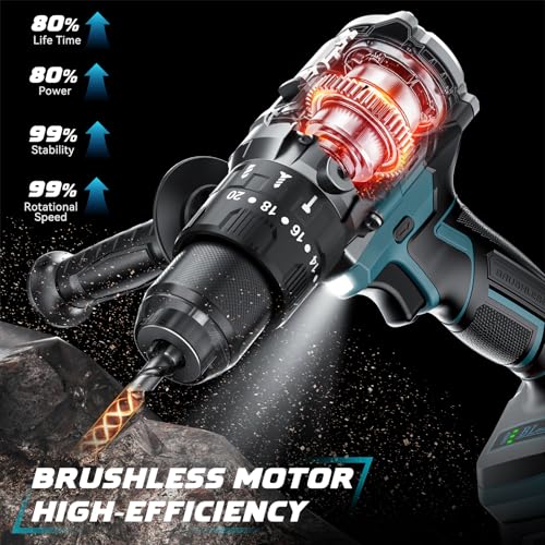 LIVOWALNY 90Nm Taladro Percutor a Bateria, Atornillador Electrico Compatible con Makita 18V, Caja de Cambios de 2 Velocidades y 21 Niveles de par, Para Reformas（Solo Herramientas）-Azul Marino