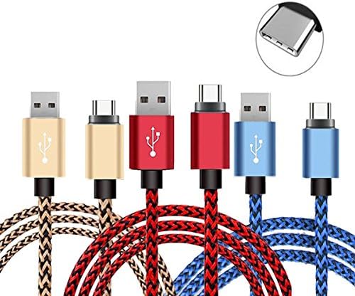 Samsung Galaxy S8 / S8 Plus USB Type C Cable, KOMEI Reversible USB-C to USB 3.0 Nylon Braided Cable for LG G5/ G6, Huawei P10 / P10 Plus, Google Pixel/ Pixel XL and More (6ft Blue+Red+Gold)