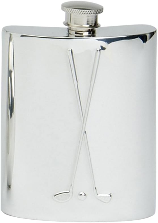 Edwin Blyde Spirit Flask – Traditional Kidney Shape Embossed Cross Golf Club Design, 6 oz, 14 x 10 x 4 cm, Pewter
