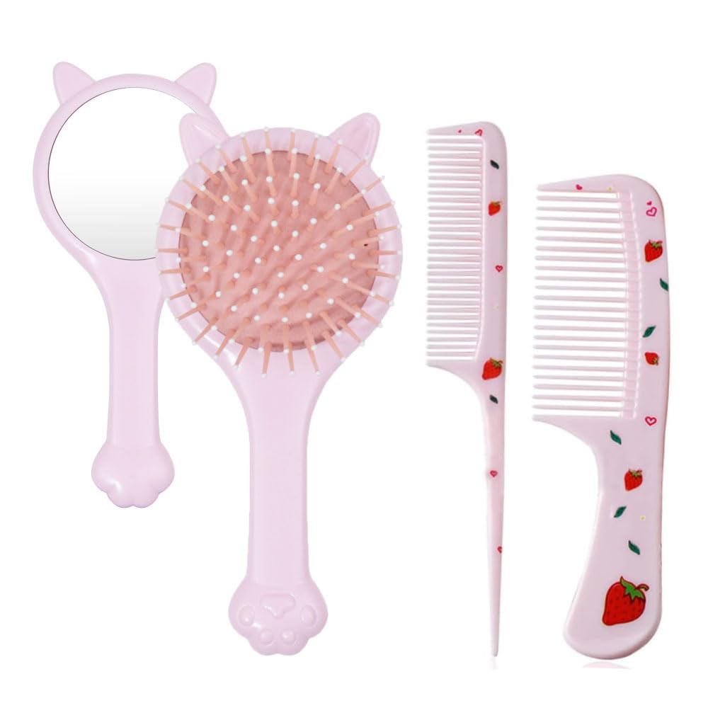 Bmeigo 3pcs Girls Hair Brush & Comb Set - Detangling Brush with Mirror & Wide Tooth Combs for Kids Curly Straight Long Hair, Pink Cat/Strawberry