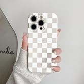 Akeivare for iPhone 14 Case Cute Checkerboard Checkered Pattern Trendy Slim Fit TPU Silicone Aesthetic for Women Girl Shockproof Full Camera Protection Cover - White