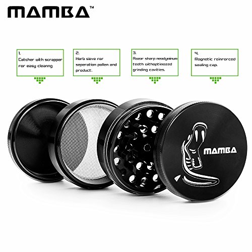 Mamba Grinders 2" Premium Spice Herb Grinder - Razor Sharp Teeth, Pollen Catcher, Scraper - Strong & Portable Plant Tobacco Grinding Accessories Tool. Create The Perfect Fluffy Grind Anywhere (Black) - Thumbnail 2