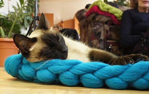 Pet bed, mat, rug. Natural and ecological sheep wool. Color BLUE. Handmade. Knitted.. Cozy creative gift. (Blue)