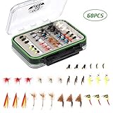 RUNCL Fly Fishing Flies Assortment, 18/36/60pcs Hand-Tied Fly Fishing Lures - Dry Flies, Wet Flies, Nymphs, Emergers, Streamers - Mustad Hooks, Waterproof Fly Box