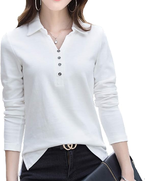 Amazon Co Jp Sagojp ポロシャツ レディース 襟付き トップス 長袖 ゴルフ シャツ テニスウェア ボウリングウェア スキッパー ポロ シャツ 女性 洋服 5色 M 4xl スキッパーカラー 白 M 服 ファッション小物