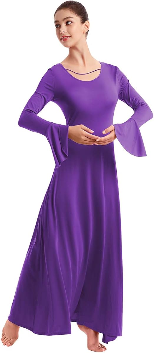 Womens Praise Bell Long Sleeve Dance Dress Loose Fit Full Length Liturgical Lyrical Worship Dancewear: Clothing
