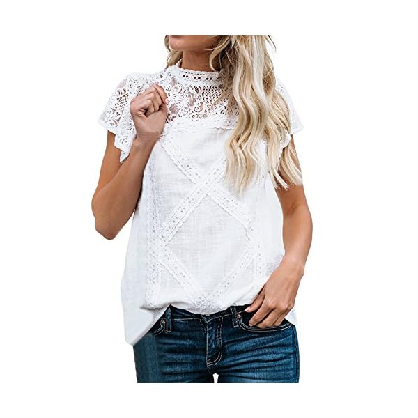 Camisetas Mujer SHOBDW Dia de la Mujer Verano Patchwork De Encaje Casual Ahuecar Volantes Manga Corta Suéter De Cuello… | DeHippies.com