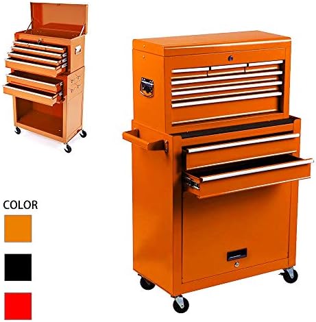 Tool Box Rolling 2 in 1 Portable Tool Chest Cabinet Top&Bottom Key Lockable Storage Toolbox with 4 Swivel Wheels (2pc with brake),8-Sliding Drawers Removable Toolbox Organizer, orange.