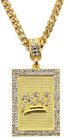 Mens Gold Tone Dog Tag Emoji 100 Hip-hop Pendant Stainless Steel Necklace,30 Inch Cuba Chain