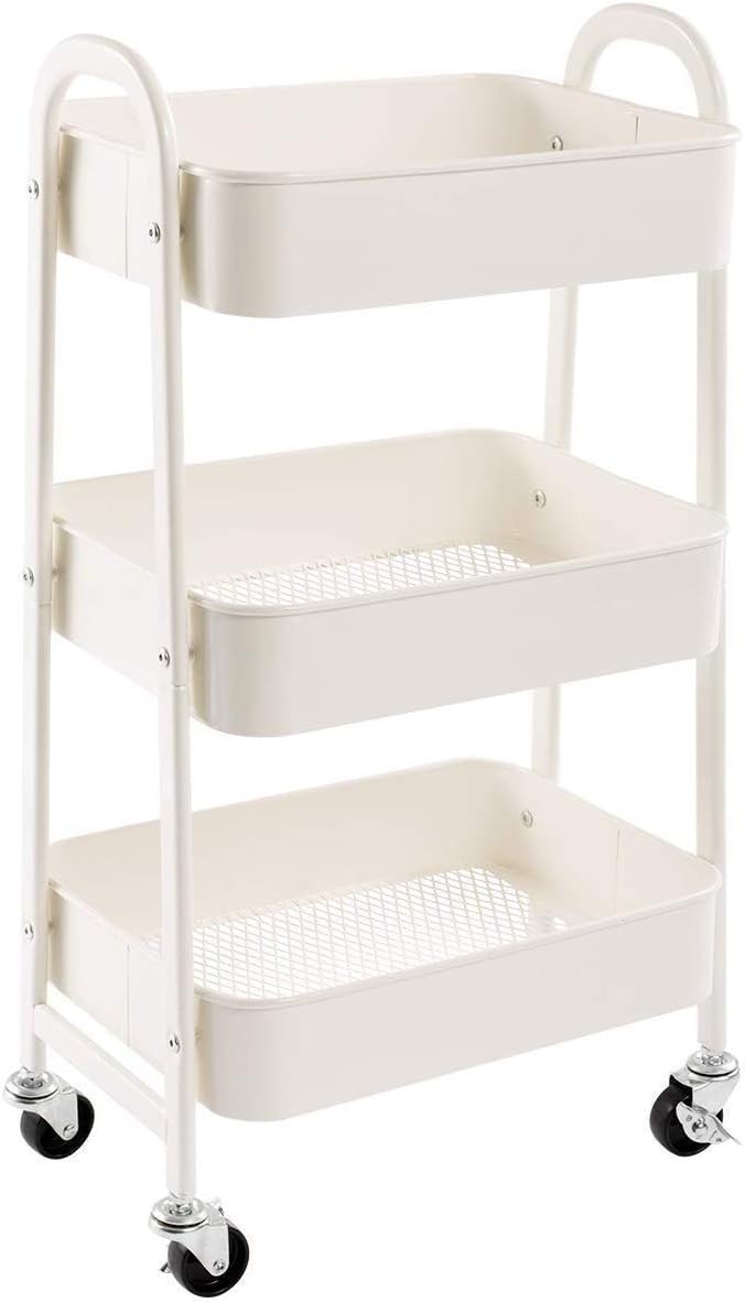 DOEWOR KS Storage Trolley on Wheels 3-Tier White Metal Kitchen Cart