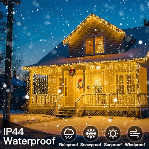 Joycome 6 x 3 m 600 LED Waterfall Lights with Plug, 8 Modes Outdoor Tent Lights, Waterproof Luminous Decorations for Garden, Balcony, Showcase, Wedding, Warm White