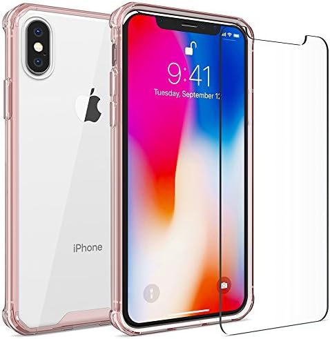 FlexGear iPhone X XS Clear Case + Glass Screen Protector, Designed for iPhone X/XS (Rose Gold)
