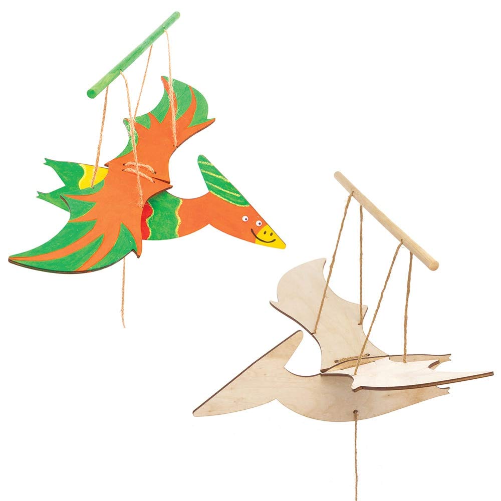 Baker Ross AT670 Dinosaur Wooden Flying Puppet Kits - Pack of 3, Woodcraft For Kids Arts and Crafts Projects
