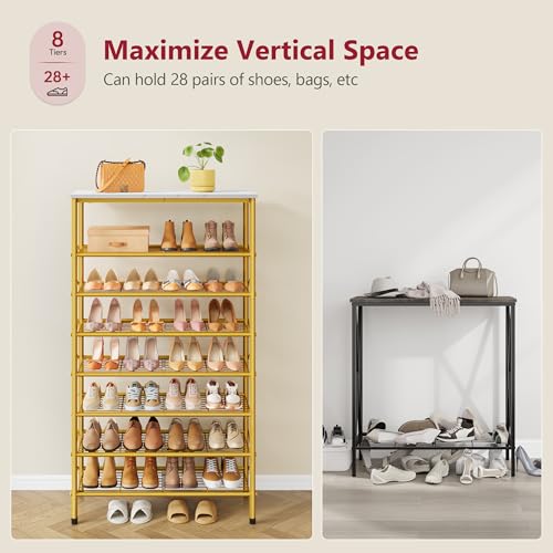 Tajsoon 8 Tier Shoe Rack Organizer for 28-32 Pairs of Shoes, Metal Mesh Shoe Shelf for Closet, Industrial Shoe Rack for Entryway Shoe Storage with X Shape Fixed Frame, White & Gold