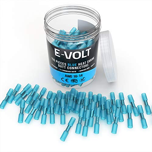 150 PCS Blue Heat Shrink Butt Crimp Connectors: 16 14 Gauge Bulk Waterproof Electrical Terminals - Insulated AWG Automotive, Marine, Audio, and Industrial Grade. Hot Melt Adhesive Butt Splice