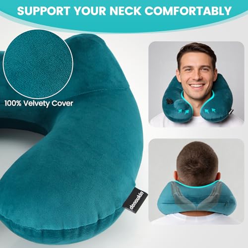 denoukin Inflatable Neck Pillow for Travel with Built-in Pump, Ergonomic Contour Support, Soft Plush Cover & Carry Pouch, Compact for Airplane, Car, Train Sleeping, Lake Blue