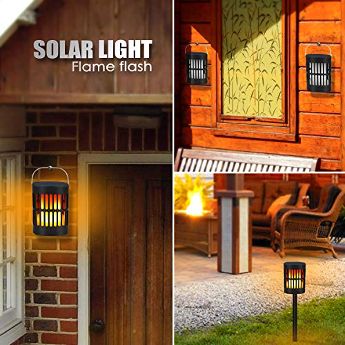 Bebrant Solar Flame Lanterns Flickering Flames Solar Torch Lights Outdoor Hanging Lanterns Solar Powered and USB Charging Solar Lantern Waterproof Decoration Lighting Dusk to Dawn Auto On/Off (4 Pack)
