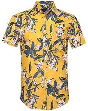 Men's Flower Print Casual Button Up Short Sleeve Shirt Hawaiian Shirts