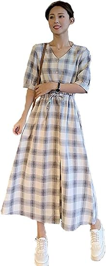 Amazon もうほうきょう コットンリネン ワンピース ロング ドレス 五分袖 Vネック レディース 着痩 Xs Xl ワンピース チュニック 通販