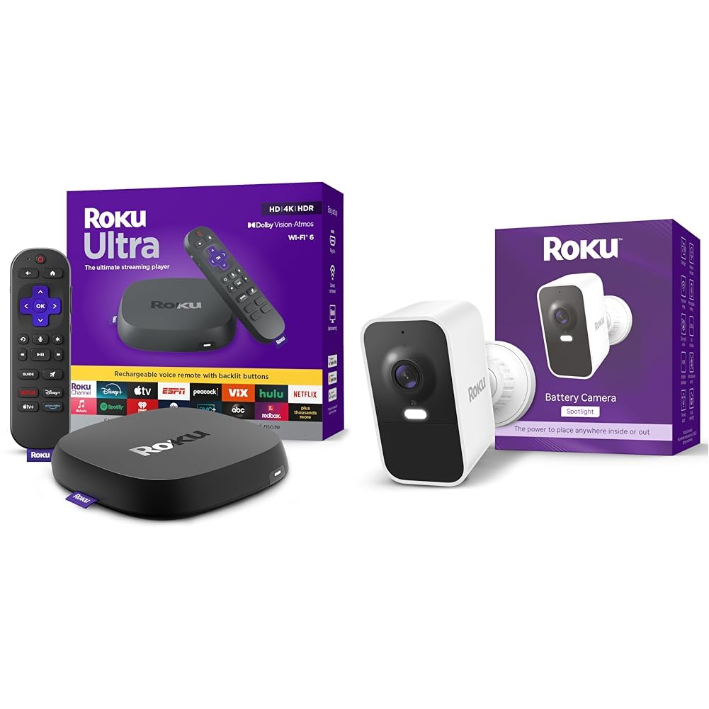 Bundle of Roku Ultra - Ultimate Streaming Player - 4K Streaming Device for TV with HDR10 + Roku Battery Camera for Home Security - New Weather-Resistant Indoor & Outdoor Wireless Camera