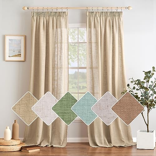 Woaboy Linen Curtains with Frunction Tape Curtains Bedroom Window Translucent Modern Curtains for Living Room Bedroom 2 Pieces 140 x 245 cm Beige