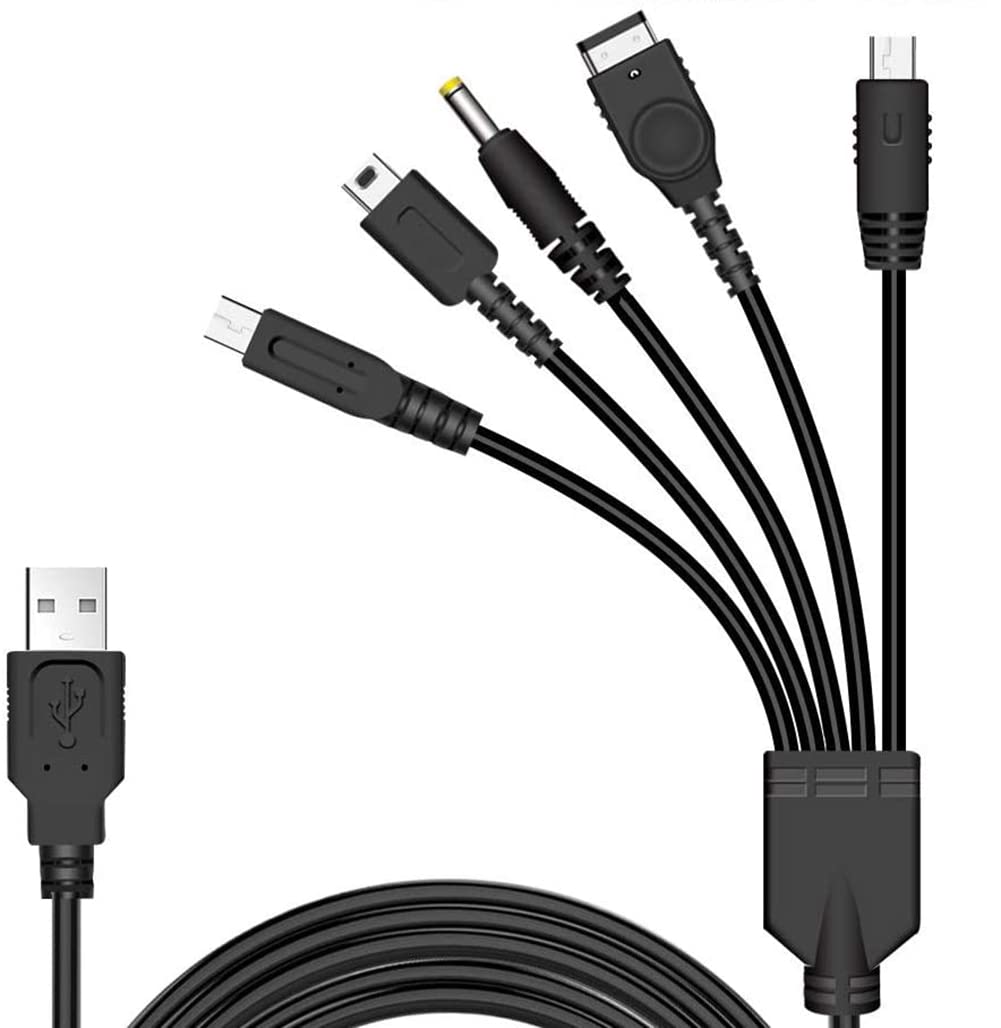 lanruosu-R 5 in 1 USB Charger Cable Cord for NDS Lite/Wii U/New 3DS(XL/LL),3DS(XL/LL),2DS,DSi(XL/LL),NDS/GBA SP,PSP 1000 2000 3000, Black, 1.2m