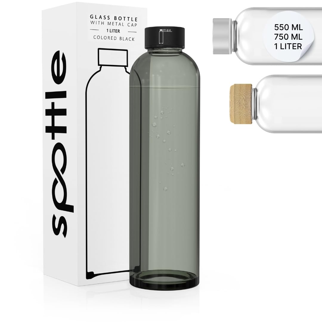 spottle glass water bottle 500ml - 750ml - 1 litre - borosilicate glass water bottle 1l with lid bpa free - for home - for fridge - dishwasher safe (Black tinted/metal lid, 1000 ml)